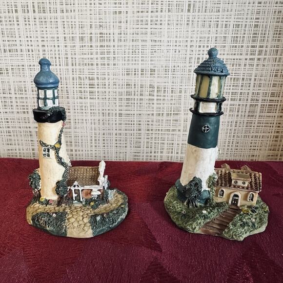 Lighthouse Ceramic Figurines Set of 2 Hand painted Decor Costal Core Nautical - Picture 1 of 15